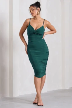Desired | Bottle Green Knot Detail Ruched Midi Dress -Stylixon Sales Store WB CC HR CL126642047 DesiredBottleGreenRuchedStrappyMidiDress5 scaled