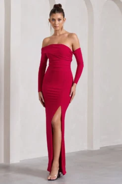 Stand Out | Red Bardot Long Sleeve Ruched Maxi With Side Split 8 Stand Out | Red Bardot Long Sleeve Ruched Maxi With Side Split -Stylixon Sales Store WB CC HR CL126729004 StandOutRedBardotLongSleeveRuchedMaxiWithSideSplit0 scaled