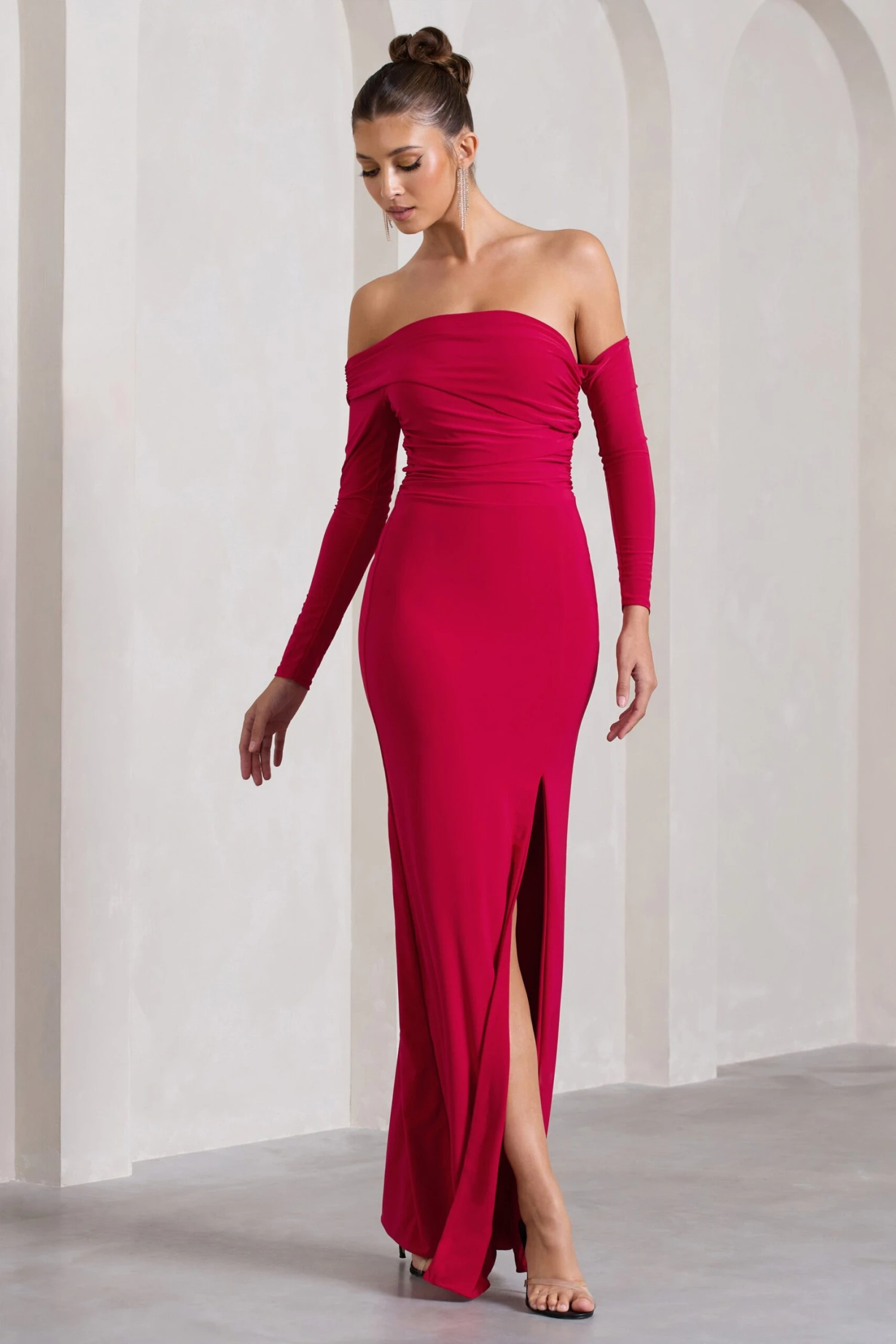 Stand Out | Red Bardot Long Sleeve Ruched Maxi With Side Split 5 Stand Out | Red Bardot Long Sleeve Ruched Maxi With Side Split - Image 5