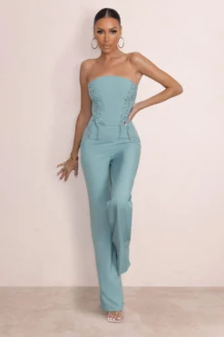 Reborn | Duck Egg Blue Bandeau Jumpsuit With Lace Up Detail -Stylixon Sales Store WB CC HR CL126775 RebornDuckEggBandeauJumpsuitWithLaceUpDetail1 scaled