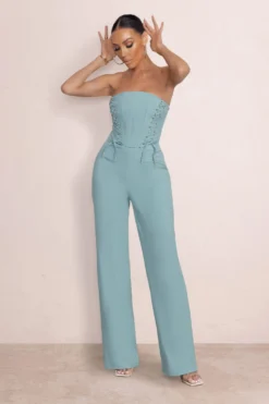 Reborn | Duck Egg Blue Bandeau Jumpsuit With Lace Up Detail -Stylixon Sales Store WB CC HR CL126775 RebornDuckEggBandeauJumpsuitWithLaceUpDetail2 scaled