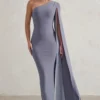 Dominique | Grey One Shoulder Cape Sleeve Bodycon Maxi Dress