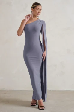 Dominique | Grey One Shoulder Cape Sleeve Bodycon Maxi Dress -Stylixon Sales Store WB CC HR CL128400 DominiqueGreyOneShoulderCapeSleeveBodyconMaxiDress1 scaled