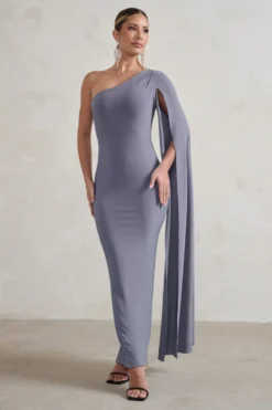 Dominique | Grey One Shoulder Cape Sleeve Bodycon Maxi Dress -Stylixon Sales Store WB CC HR CL128400 DominiqueGreyOneShoulderCapeSleeveBodyconMaxiDress3 scaled