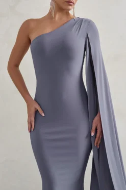 Dominique | Grey One Shoulder Cape Sleeve Bodycon Maxi Dress -Stylixon Sales Store WB CC HR CL128400 DominiqueGreyOneShoulderCapeSleeveBodyconMaxiDress4 scaled