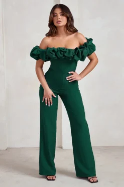 Esmie | Bottle Green Structured Statement Bardot Wide Leg Jumpsuit -Stylixon Sales Store WB CC HR CL128433 EsmieBottleGreenStructuredStatementBardotWideLegJumpsuit1 scaled