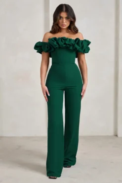 Esmie | Bottle Green Structured Statement Bardot Wide Leg Jumpsuit -Stylixon Sales Store WB CC HR CL128433 EsmieBottleGreenStructuredStatementBardotWideLegJumpsuit2 scaled
