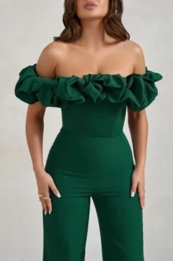 Esmie | Bottle Green Structured Statement Bardot Wide Leg Jumpsuit -Stylixon Sales Store WB CC HR CL128433 EsmieBottleGreenStructuredStatementBardotWideLegJumpsuit4 scaled