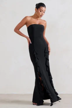 Susan | Black Bandeau Maxi Dress With Ruffled Splits -Stylixon Sales Store WB CC HR CL128458 Susan BlackBandeauMaxiDressWithRuffledSplits2 scaled