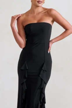 Susan | Black Bandeau Maxi Dress With Ruffled Splits -Stylixon Sales Store WB CC HR CL128458 Susan BlackBandeauMaxiDressWithRuffledSplits4 scaled