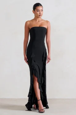 Susan | Black Bandeau Maxi Dress With Ruffled Splits -Stylixon Sales Store WB CC HR CL128458 Susan BlackBandeauMaxiDressWithRuffledSplits5 scaled