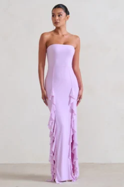 Susan | Lilac Bandeau Maxi Dress With Ruffled Splits -Stylixon Sales Store WB CC HR CL128458 Susan DuskGreyBandeauMaxiDressWithRuffledSplits0 scaled