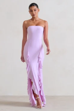 Susan | Lilac Bandeau Maxi Dress With Ruffled Splits -Stylixon Sales Store WB CC HR CL128458 Susan DuskGreyBandeauMaxiDressWithRuffledSplits3 scaled
