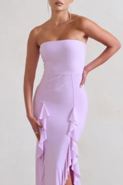Susan | Lilac Bandeau Maxi Dress With Ruffled Splits -Stylixon Sales Store WB CC HR CL128458 Susan DuskGreyBandeauMaxiDressWithRuffledSplits4 scaled