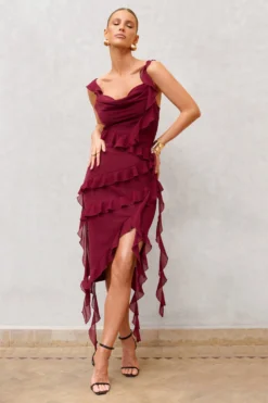 Havana Heat | Burgundy Cowl Ruffle Chiffon Midi Dress -Stylixon Sales Store WB CC HR CL128614 HavanaHeatBurgundyCowlRuffleChiffonMidiDress2 scaled