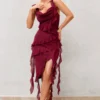 Havana Heat | Burgundy Cowl Ruffle Chiffon Midi Dress
