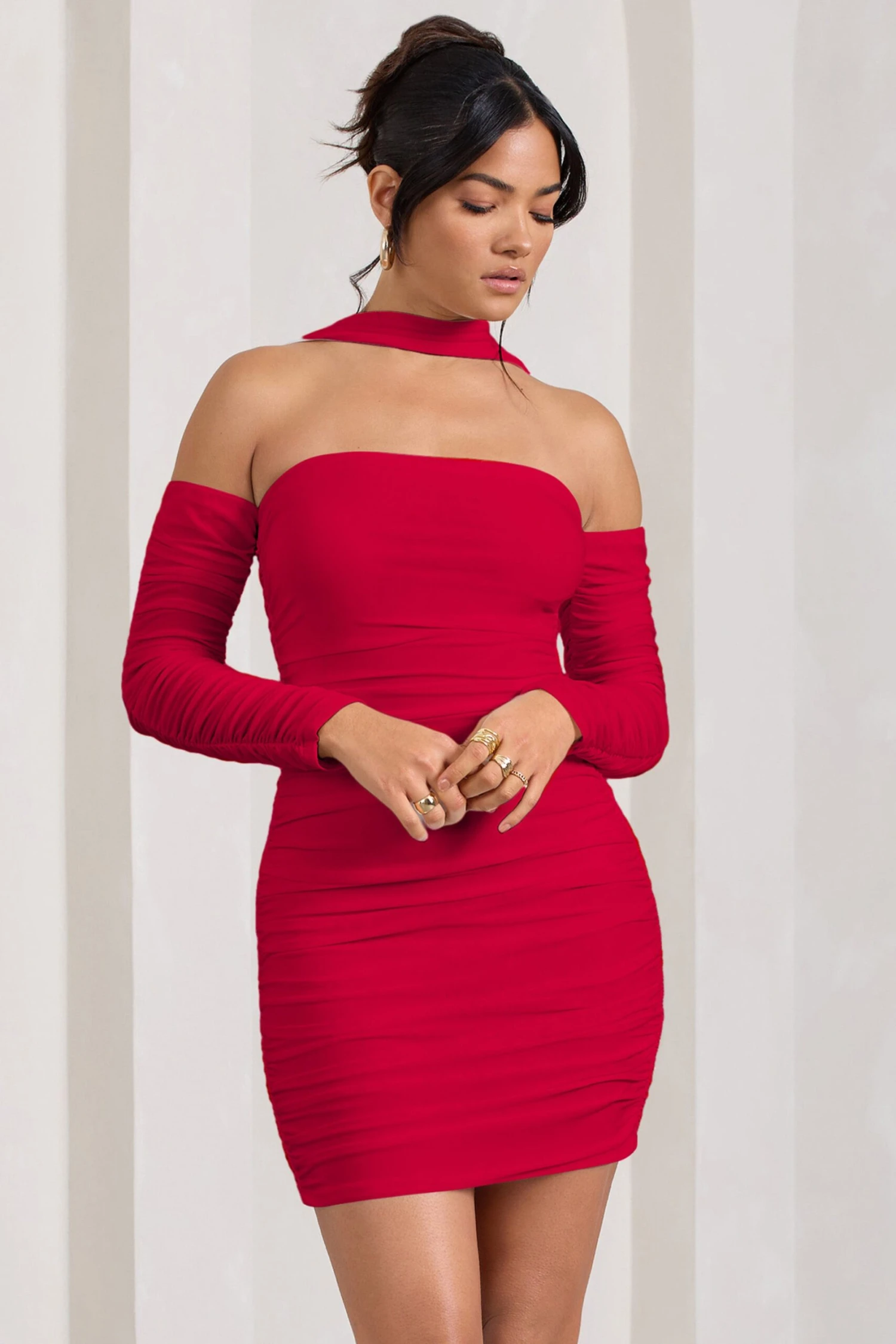 Thea | Red Ruched Long-Sleeved Bodycon Mini Dress With Halter Collar 1 Thea | Red Ruched Long-Sleeved Bodycon Mini Dress With Halter Collar