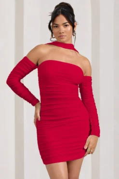 Thea | Red Ruched Long-Sleeved Bodycon Mini Dress With Halter Collar 8 Thea | Red Ruched Long-Sleeved Bodycon Mini Dress With Halter Collar -Stylixon Sales Store WB CC HR CL128828005 Thea RedRuchedLong SleevedBodyconMiniDressWithHalterCollar2 scaled