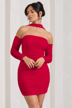 Thea | Red Ruched Long-Sleeved Bodycon Mini Dress With Halter Collar 9 Thea | Red Ruched Long-Sleeved Bodycon Mini Dress With Halter Collar -Stylixon Sales Store WB CC HR CL128828005 Thea RedRuchedLong SleevedBodyconMiniDressWithHalterCollar3 scaled