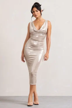 Rosie | Gold Metallic Sleeveless Cowl-Neck Bodycon Midi Dress 9 Rosie | Gold Metallic Sleeveless Cowl-Neck Bodycon Midi Dress -Stylixon Sales Store WB CC HR CL128912007 Rosie GoldMetallicSleevelessCowl NeckBodyconMidiDress0 scaled