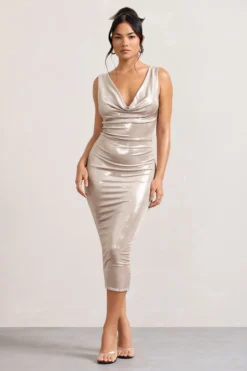 Rosie | Gold Metallic Sleeveless Cowl-Neck Bodycon Midi Dress 10 Rosie | Gold Metallic Sleeveless Cowl-Neck Bodycon Midi Dress -Stylixon Sales Store WB CC HR CL128912007 Rosie GoldMetallicSleevelessCowl NeckBodyconMidiDress1 scaled