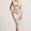 Rosie | Gold Metallic Sleeveless Cowl-Neck Bodycon Midi Dress