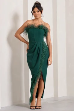 Cosmo | Bottle Green Bandeau Feather Corset Split Maxi Dress -Stylixon Sales Store WB CC HR CL129242047 CosmoBottleGreenBandeauFeatherCorsetSplitMaxiDress0 d3909f9b 29a1 42f8 a13d 95564183b54d scaled