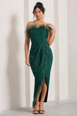 Cosmo | Bottle Green Bandeau Feather Corset Split Maxi Dress -Stylixon Sales Store WB CC HR CL129242047 CosmoBottleGreenBandeauFeatherCorsetSplitMaxiDress2 769d029c 23e5 4965 b621 e209b668b54d scaled