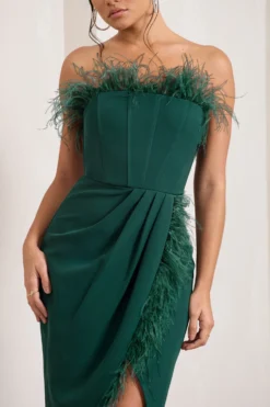 Cosmo | Bottle Green Bandeau Feather Corset Split Maxi Dress -Stylixon Sales Store WB CC HR CL129242047 CosmoBottleGreenBandeauFeatherCorsetSplitMaxiDress3 scaled