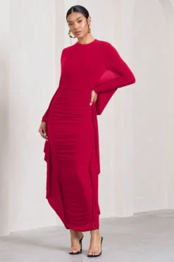 Keva | Red Long Sleeve Ruched Maxi Dress With Cape Detailing 8 Keva | Red Long Sleeve Ruched Maxi Dress With Cape Detailing -Stylixon Sales Store WB CC HR CL129265004 KevaRedLongSleeveRuchedMaxiDresswithCapeDetailing0 scaled