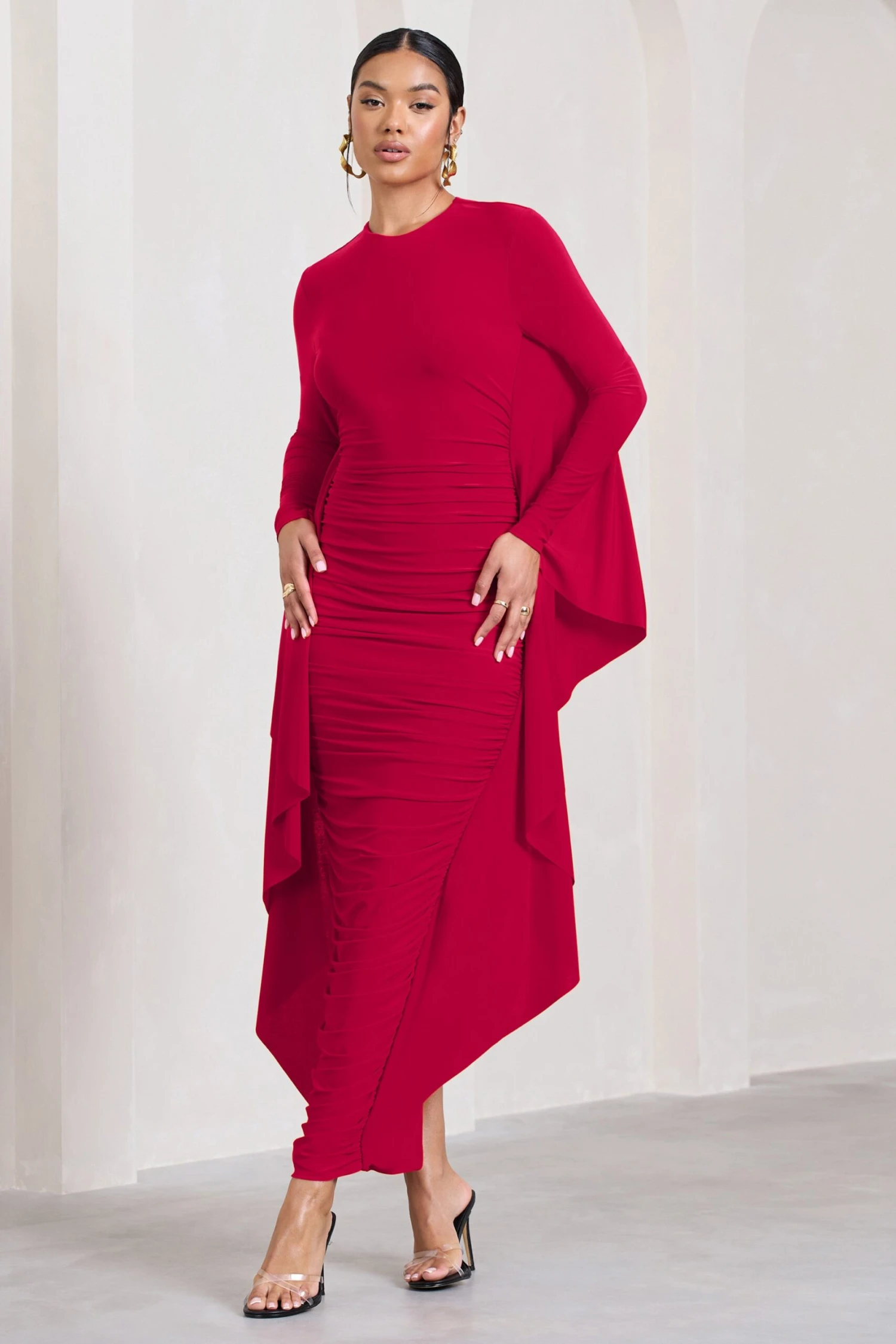 Keva | Red Long Sleeve Ruched Maxi Dress With Cape Detailing 1 Keva | Red Long Sleeve Ruched Maxi Dress With Cape Detailing