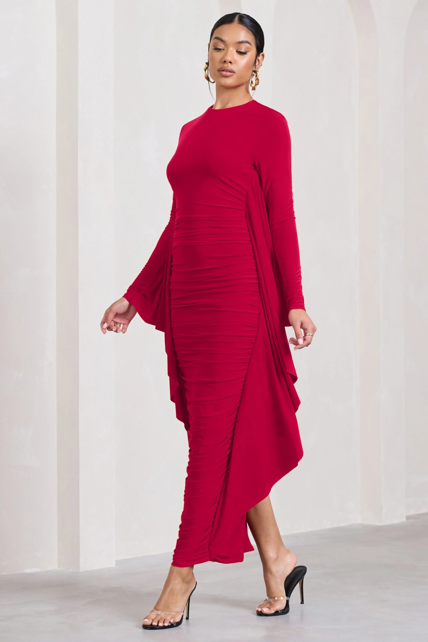 Keva | Red Long Sleeve Ruched Maxi Dress With Cape Detailing 5 Keva | Red Long Sleeve Ruched Maxi Dress With Cape Detailing - Image 5