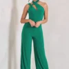 Tilly | Green Cut Out Halterneck Asymmetrical Jumpsuit