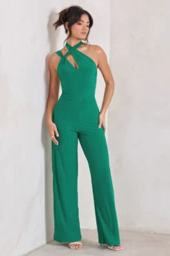 Tilly | Green Cut Out Halterneck Asymmetrical Jumpsuit -Stylixon Sales Store WB CC HR CL129309 02255 scaled