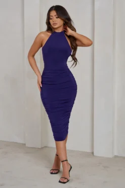 Chrissy | Purple Halterneck Ruched Midi Dress 8 Chrissy | Purple Halterneck Ruched Midi Dress -Stylixon Sales Store WB CC HR CL129317 ChrissyBlackberryJamHalterneckRuchedMidiDress0 scaled