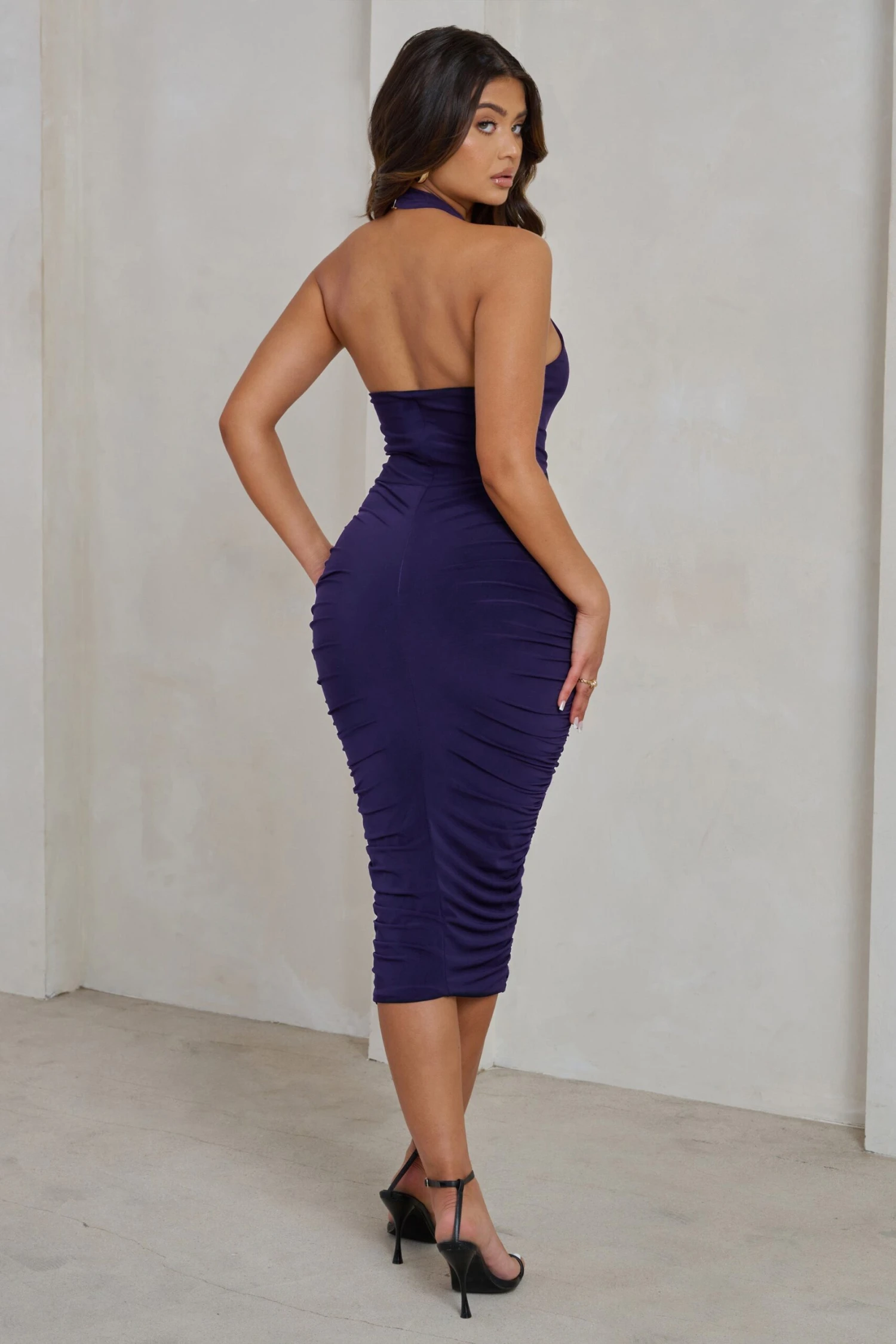 Chrissy | Purple Halterneck Ruched Midi Dress 2 Chrissy | Purple Halterneck Ruched Midi Dress - Image 2