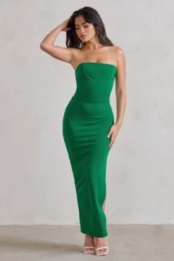 Dina | Green Bandeau Maxi Dress With Split -Stylixon Sales Store WB CC HR CL129322 DinaGreenBandeauMaxiDressWithSplit1 scaled
