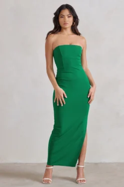 Dina | Green Bandeau Maxi Dress With Split -Stylixon Sales Store WB CC HR CL129322 DinaGreenBandeauMaxiDressWithSplit2 scaled