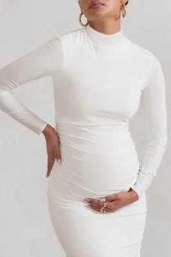 Alejandra | White Maternity Long Sleeve High Neck Maxi Dress -Stylixon Sales Store WB CC HR CL129402 AlejandraWhiteMaternityLongSleeveHighNeckMaxiDress5 scaled