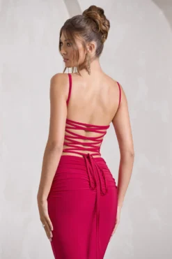 Alora | Red Strappy Lace-Up Maxi Dress With Flower Corsage 8 Alora | Red Strappy Lace-Up Maxi Dress With Flower Corsage -Stylixon Sales Store WB CC HR CL129766004 AloraRedStrappyLace UpMaxiDressWithFlowerCorsage10 scaled