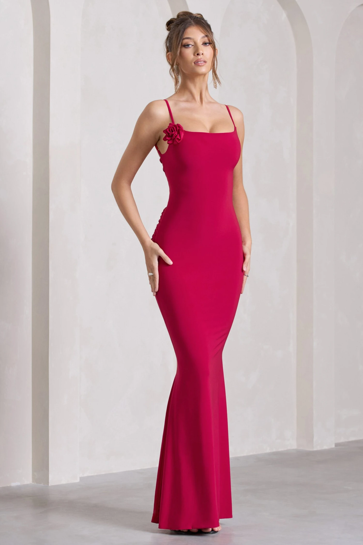 Alora | Red Strappy Lace-Up Maxi Dress With Flower Corsage 1 Alora | Red Strappy Lace-Up Maxi Dress With Flower Corsage