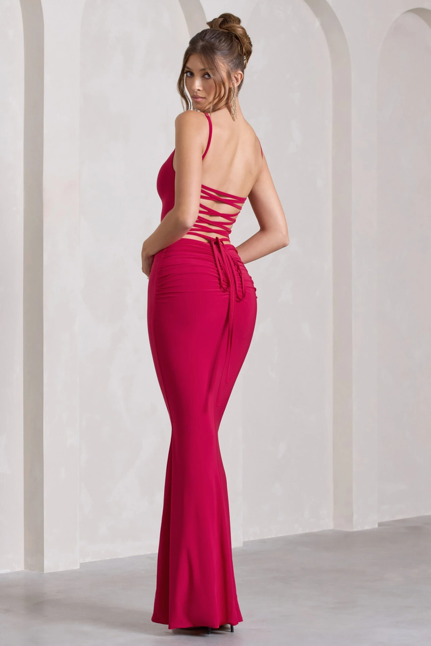 Alora | Red Strappy Lace-Up Maxi Dress With Flower Corsage 2 Alora | Red Strappy Lace-Up Maxi Dress With Flower Corsage - Image 2