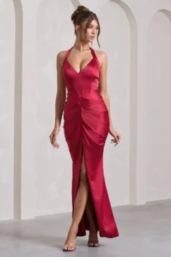 Rebecca | Red Satin Plunge Halter-Neck Open-Back Split Maxi Dress -Stylixon Sales Store WB CC HR CL133050004 Rebecca RedSatinPlungeHalter NeckOpen BackSplitMaxiDressRED5 scaled
