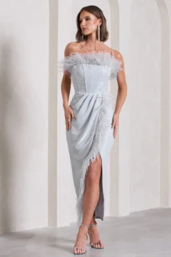 Crystal | Silver Metallic Bandeau Corset Maxi Dress With Feather Trims -Stylixon Sales Store WB CC HR CL133116013 CrystalSilverMetallicBandeauCorsetMaxiDressWithFeatherTrims3 scaled