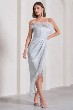 Crystal | Silver Metallic Bandeau Corset Maxi Dress With Feather Trims -Stylixon Sales Store WB CC HR CL133116013 CrystalSilverMetallicBandeauCorsetMaxiDressWithFeatherTrims7 scaled