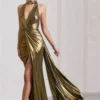 Lost | Gold Metallic Halter-Neck Cut-Out Split Maxi Dress With Drape