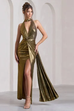 Lost | Gold Metallic Halter-Neck Cut-Out Split Maxi Dress With Drape -Stylixon Sales Store WB CC HR CL133124007 LostGoldMetallicHalter NeckCut OutSplitMaxiDressWithDrapeGOLD1 scaled
