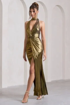 Lost | Gold Metallic Halter-Neck Cut-Out Split Maxi Dress With Drape -Stylixon Sales Store WB CC HR CL133124007 LostGoldMetallicHalter NeckCut OutSplitMaxiDressWithDrapeGOLD7 scaled