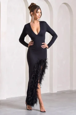 Finale | Black Feather Plunge Neck Thigh Split Maxi Dress -Stylixon Sales Store WB CL124264002 FinaleBlackFeatherPlungeNeckThighSplitMaxiDress6 scaled