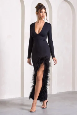 Finale | Black Feather Plunge Neck Thigh Split Maxi Dress -Stylixon Sales Store WB CL124264002 FinaleBlackFeatherPlungeNeckThighSplitMaxiDress8 scaled